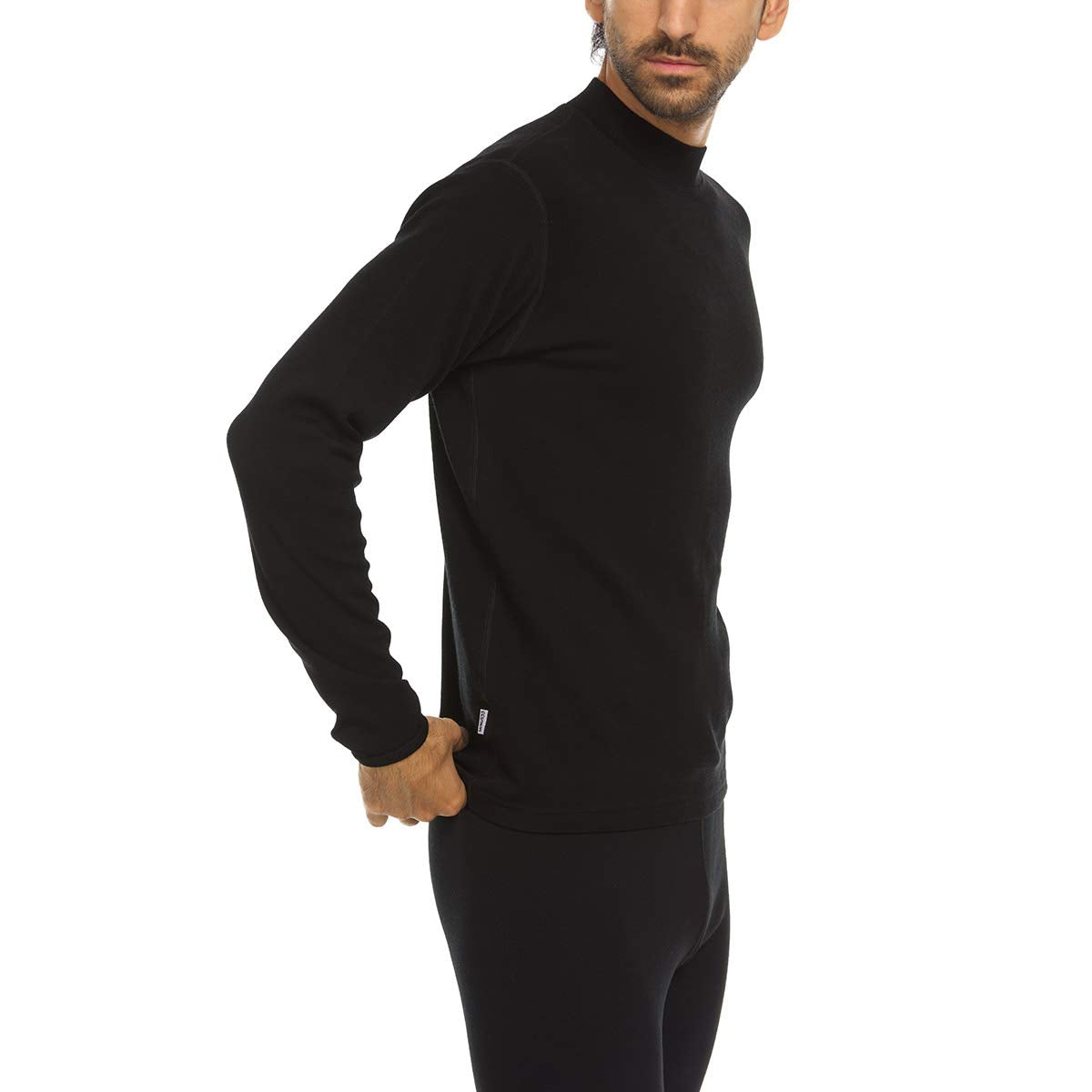 100% Merino Wool Men's Midweight Mock Neck - Base Layer Top - Warm Under Shirt - Black - 3X-Large
