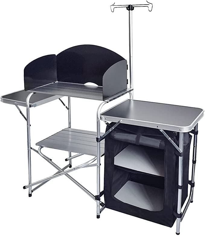 CAMP SOLUTIONS Folding Cooking Table Outdoor Portable Cook Station Aluminum Camping Kitchen with Storage Organizer, Windscreen, Hooks for BBQ, Party (Black)