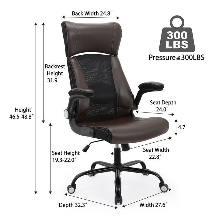 Clearance Executive Office Chair, Ergonomic Leather Desk Chair - Widened Adjustable Headrest with Flip-Up Arms, High Back Computer Swivel Task Chair with Lumbar Support, Brown