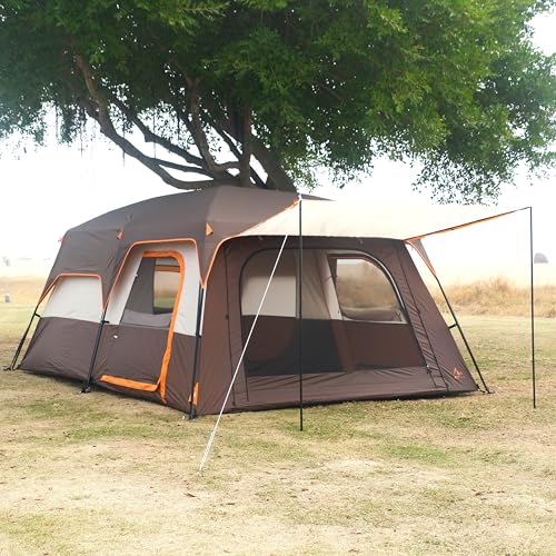 KTT Extra Large Tent 12 Person(A),Family Cabin Tents,2 Rooms,3 Doors and 3 Windows with Mesh,Straight Wall,Waterproof,Double Layer,Big Tent for Outdoor,Picnic,Camping,Family Gathering(Brown)