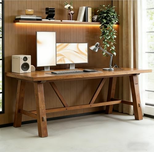LITTLE TREE 70.87" Long Large Wood Desks, Solid Wood Office Desk, Farmhouse Executive Computer Desk, Home Office Workstaticon, Work Writing Table, Rustic Brown