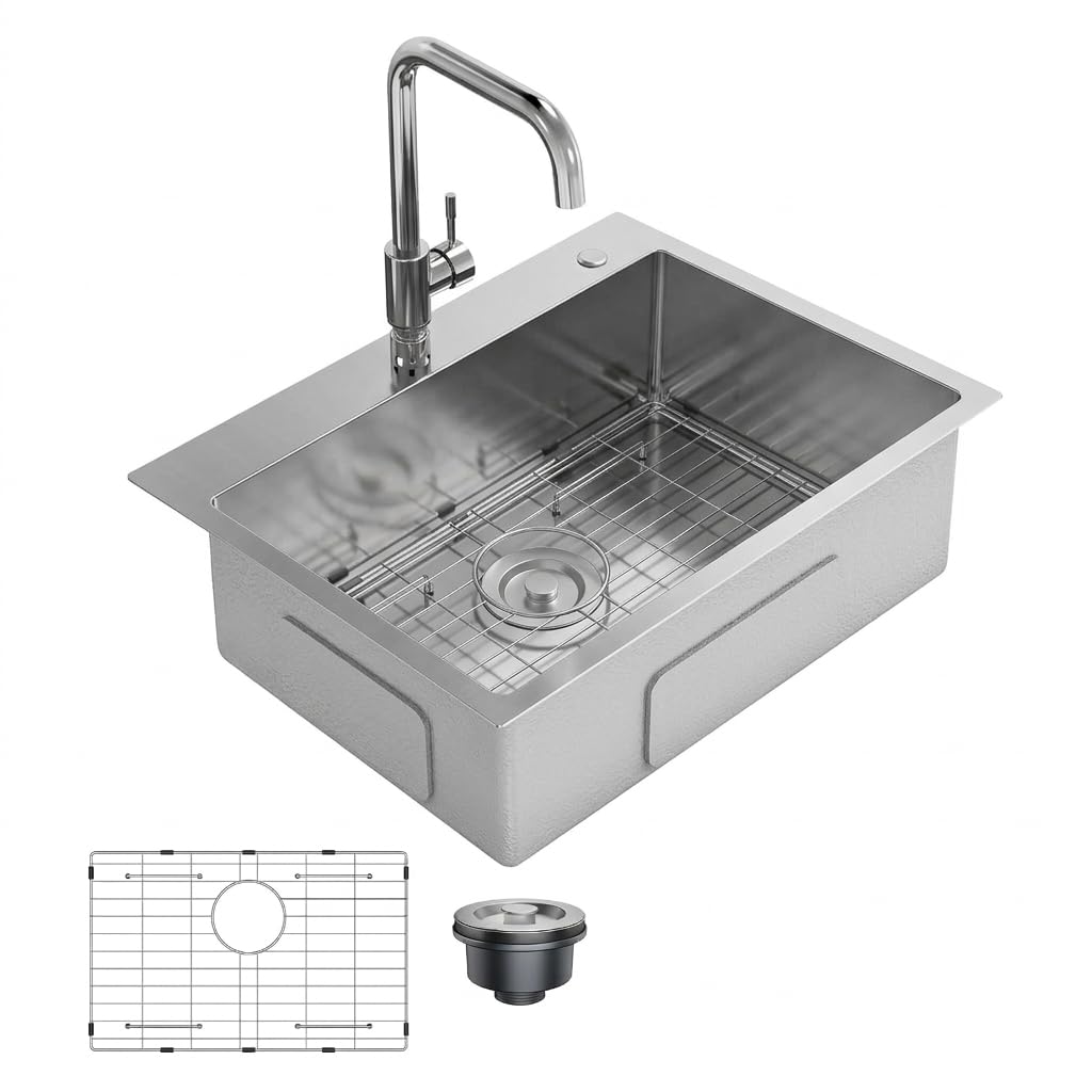 Drop in Kitchen Sink Workstation, Stainless Steel Single Bowl Sink with Cutting Board, Roll Up Rack and Drain Basket, Scratch Resistant Topmount Sink for Kitchen Prep and Cleaning