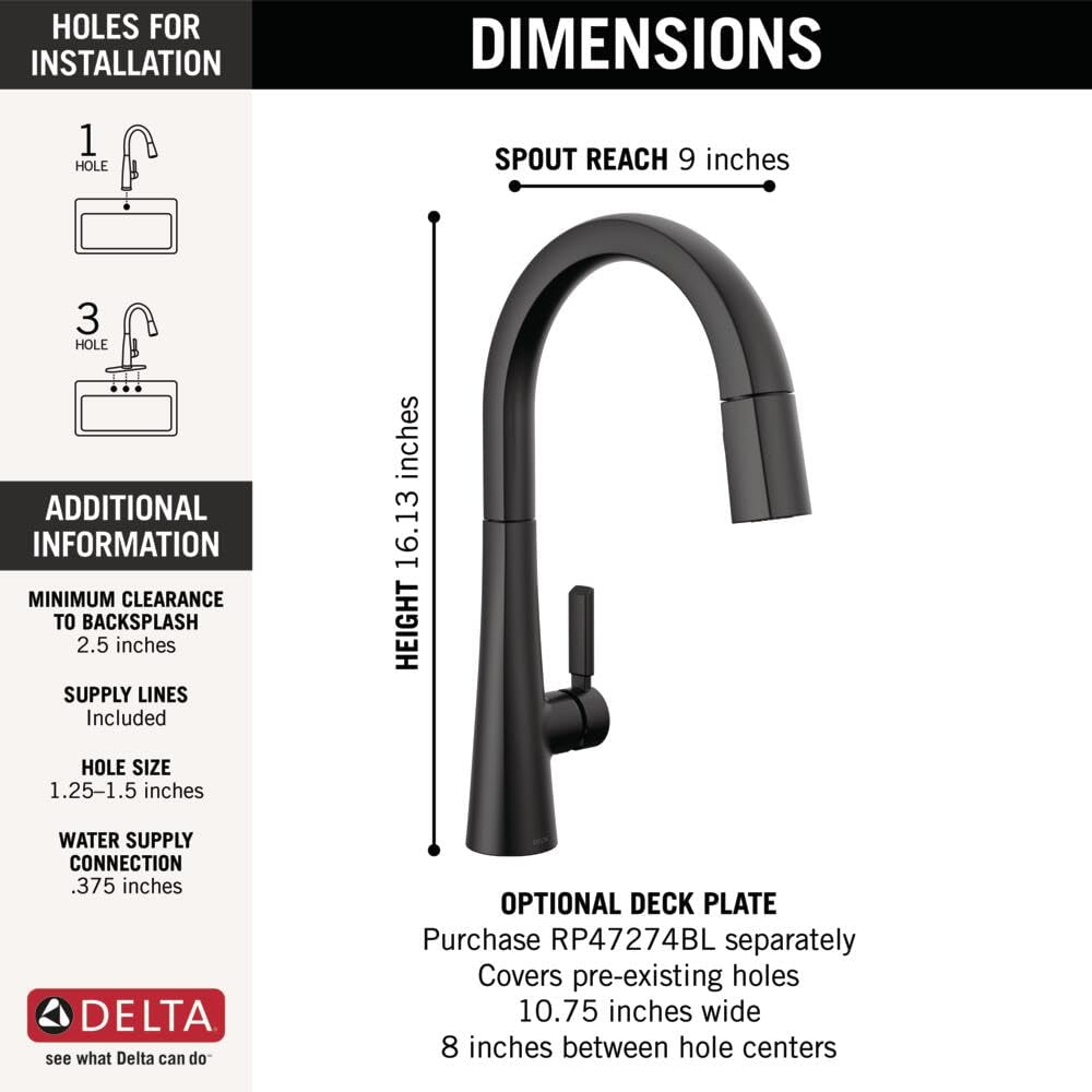 Delta Faucet Monrovia Matte Black Kitchen Faucet, Kitchen Faucets with Pull Down Sprayer, Kitchen Sink Faucet with Magnetic Docking, Matte Black 9191-BL-PR-DST