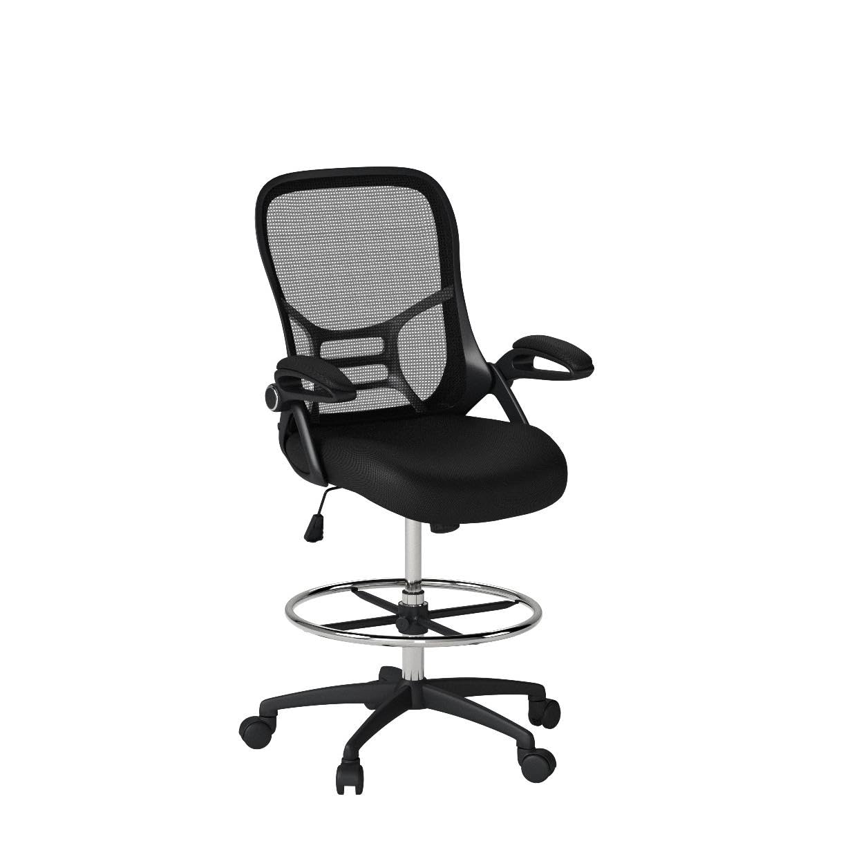HYLONE Drafting Chair Tall Office Chair High-Back Mesh Standing Desk Stool with Adjustable Footrest Ring and Flip-Up Arms (Black)