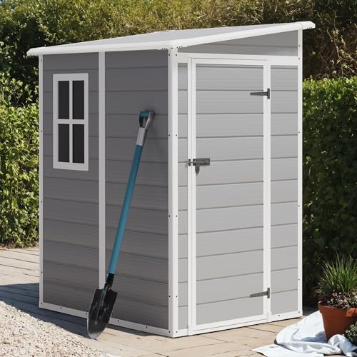 Greesum 5x4FT Plastic Outdoor Storage Shed, Resin Shed with Floor and Window, Tool Sheds with Lockable Door and Vent, for Garden, Garage, Lawn, Light Gray