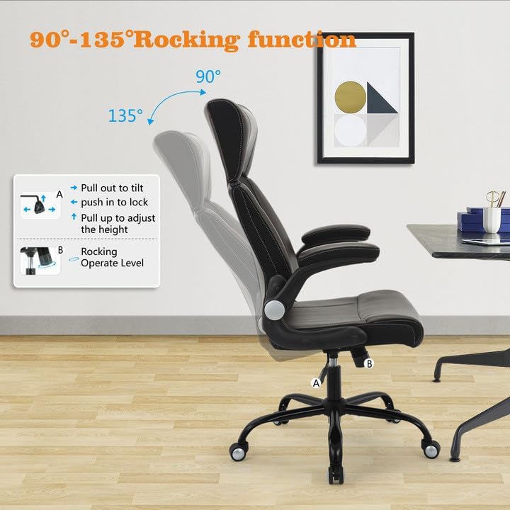 Clearance Executive Office Chair, Ergonomic Leather Desk Chair - Widened Adjustable Headrest with Flip-Up Arms, High Back Computer Swivel Task Chair with Lumbar Support, Brown