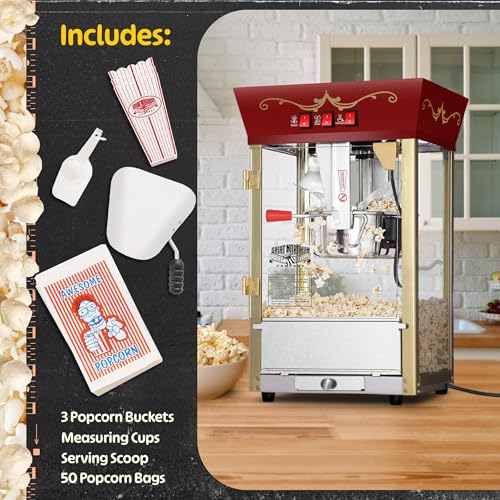Matinee Popcorn Machine and Cart – 3 Gallon Popcorn Popper, 8oz Kettle, Warmer, and 5 All-In-One Kernel Packs by Great Northern Popcorn (Red)