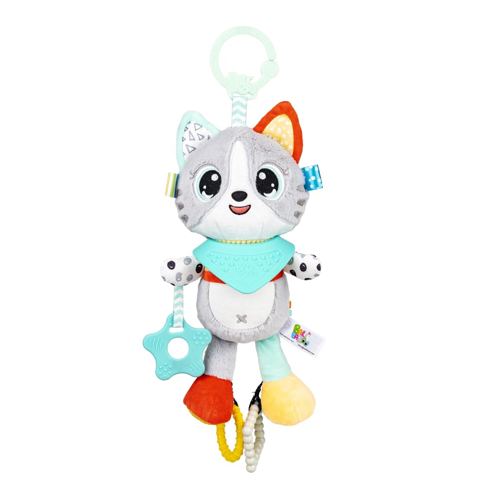 Balibazoo Luka The Cat Hanging Baby Toy – Soft Plush Sensory Toy with 3 BPA-Free Silicone Teethers, Crinkle Ears & Hidden Bell | Clip for Stroller, Car Seat, and Carrier | Developmental Toy 0-24M