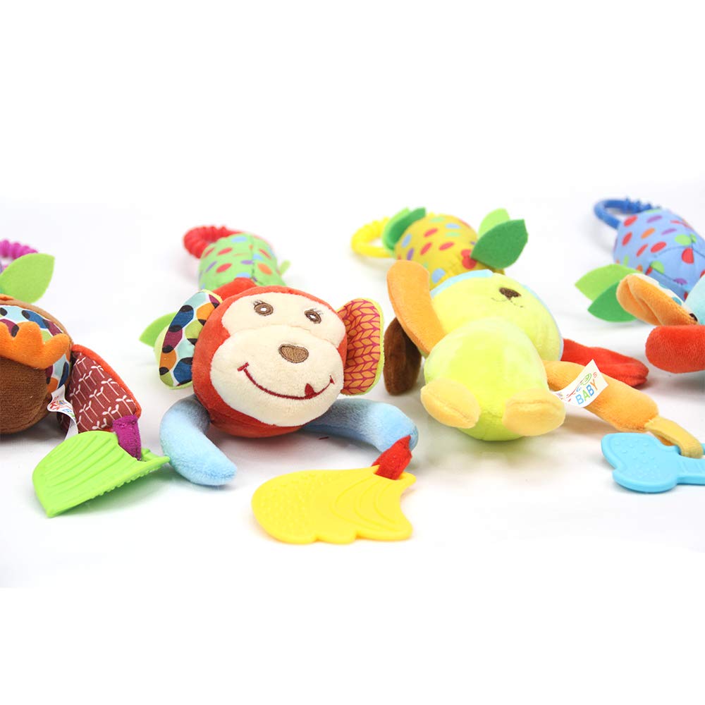 Joyshare 4 PCS Baby Soft Hanging Rattle Crinkle Squeaky Toy - Baby Toys for 0 3 6 9 to 1 Animal Ring Plush Stroller Infant Car Bed Crib Travel Activity Hanging Wind Chime with Teether for Boys Present