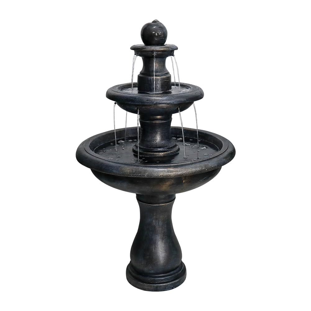 SunJet 45.2" High 3-Tiers Modern Concrete Outdoor Water Fountain - Round Large Outdoor Fountains and Waterfalls for Garden, Patio, Yard, and Deck Decor, Featuring Natural Stone Look (Black, 45.2inch)
