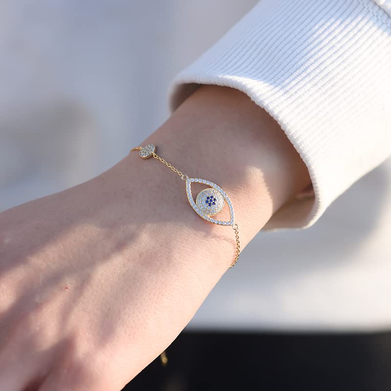 Solid 14K Gold Over 925 Silver Moissanite Evil Eye Bracelet for Women,Dainty Adjustable Evil Eye Charm Chain Bracelet,Fashion Christmas Jewelry Gift for Her (Yellow Gold, 14K Gold)