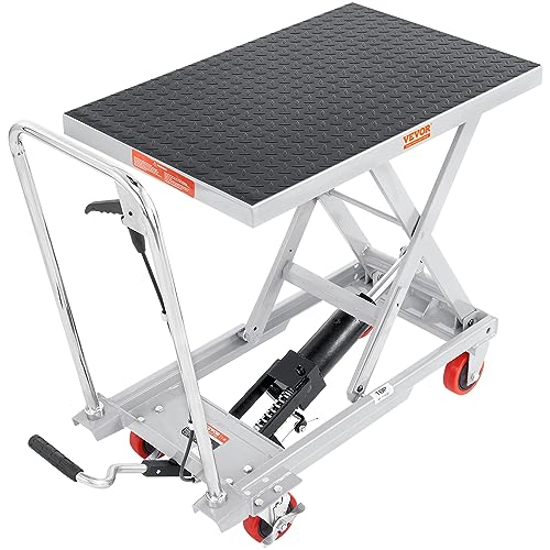 VEVOR Hydraulic Lift Table Cart, 500lbs Load Capacity 28.5 Inch Lifting Height, Manual Single Scissor Lift Table with 4 Wheels and Non-Slip Pad, Alloy Steel, Gray