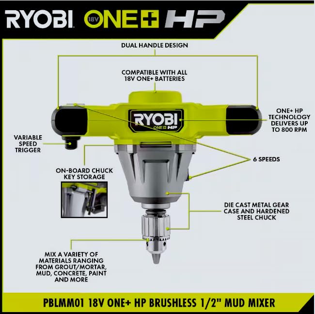 RYOBI ONE+ 18V HP 1/2 in. Brushless Cordless Mud Mixer (Tool Only)