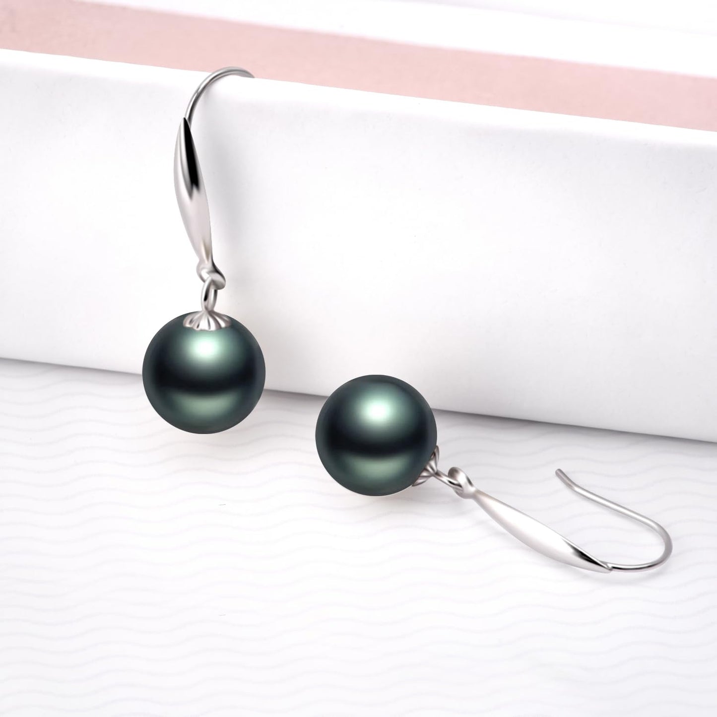 14k White Gold Diamond and Dyed Black pearl Necklace + 18k Earrings Set