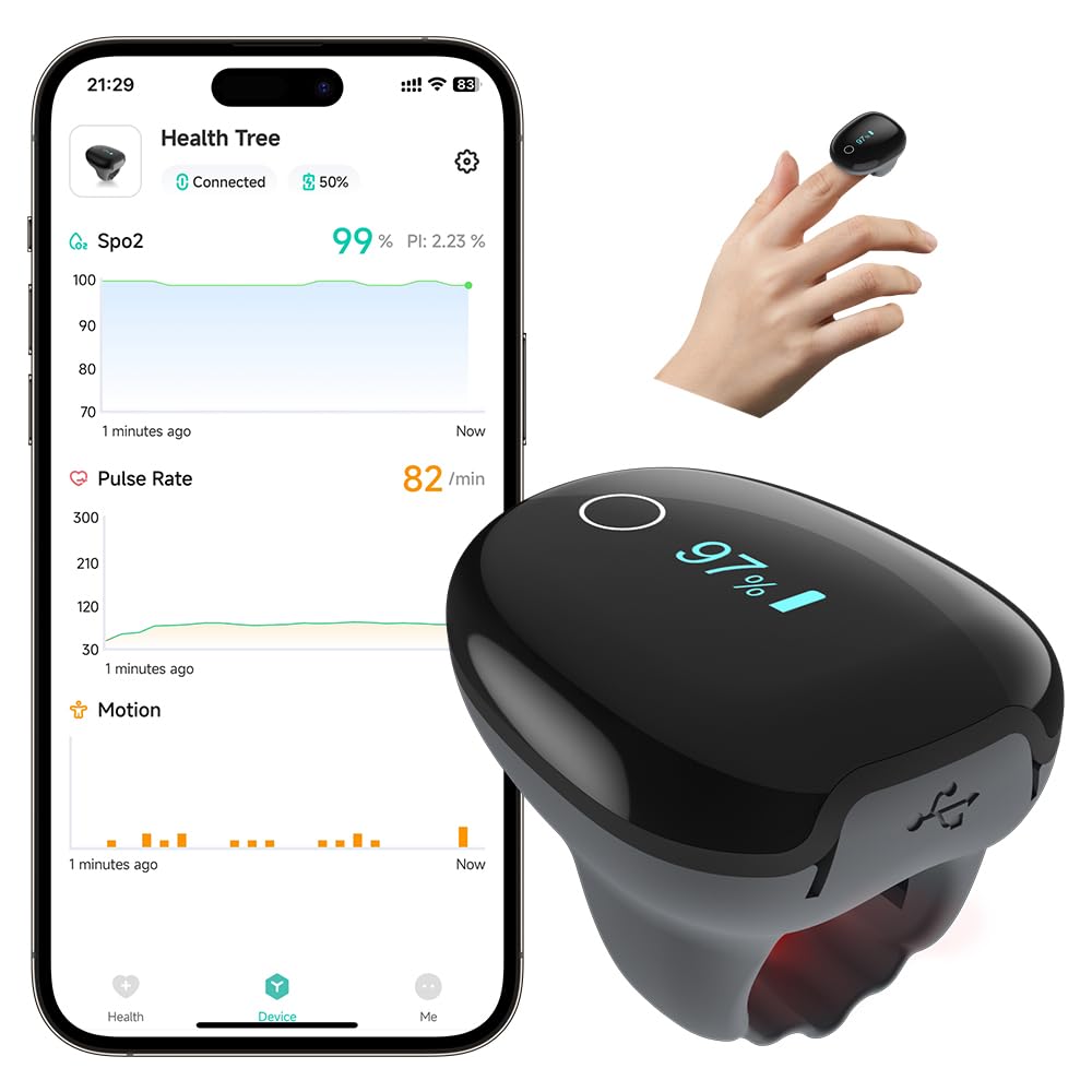 Pulse Oximeter O2 Ring Oxygen Monitor with Smart Reminder Sleep Oxygen Monitor Continuous Recording of SpO2 & PR, Blood Oxygen Saturation Rechargeable Pulse Ox with Free APP & Reports