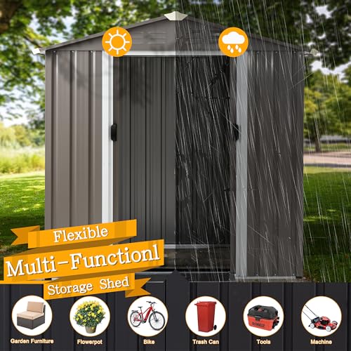 Shintenchi 6x4 FT Outdoor Storage Shed with Window, Lockable Outdoor Waterproof Tool Storage Sheds, Weather Resistant Tool Storage House Shed for Garden, Backyard, Patio Utility Tool Storage,Dark Gray