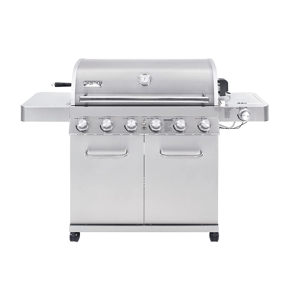 Monument Grills 77352 6+1 Burner Stainless Steel Cabinet Style Propane Gas Grill with Knob Controls, Side Burner, Built-In Thermometer, and Rotisserie Kit