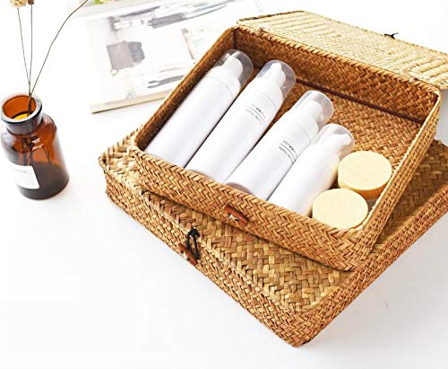 Seagrass Storage Basket Box with Lid Rectangular Woven Shelf Baskets Bins for Organize Snack Toys Set of 2 Natural Decorative(Large+Small)