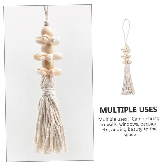 KONTONTY Boho Coastal Decor Wooden Beads String Pendant with Cotton Tassels and Seashells 9.84In Rustic Farmhouse Hanging for Wall Window Decoration