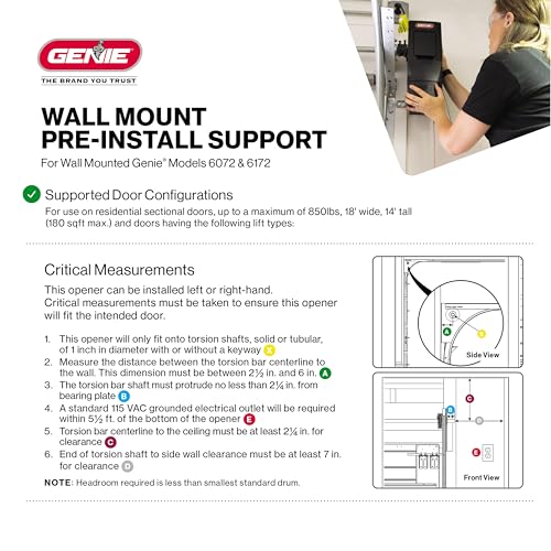 Genie B6172H Wall Mount Smart Garage Door Opener, DC Motor Lifts up to 14ft high 850lbs, Black