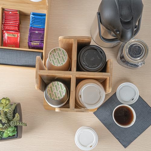 Restaurantware Restpresso 9 x 18 Inch Coffee Cup and Lid Organizer 1 Revolving Cup and Lid Holder - 4 Section Countertop Natural Bamboo Cup and Lid Dispenser For Restaurants Homes or Offices
