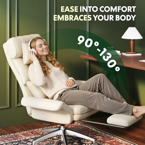 FLEXISPOT Big and Tall Office Chair with Convertible Seat up to 44in, Oversized for Adult & Pet, High Back Computer Chair with Footrest 180° Flip Arm, Desk Chairs for Home Office Gaming Working, Beige