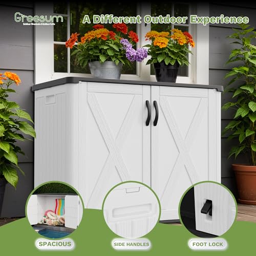 Greesum Outdoor Storage Cabinet, 25 CUFT Deck Box Without Shelves, Waterproof Plastic Storage Shed for Patio Cushions, Gardening Tools, Lockable and Sidehandles, UV Resistant, White