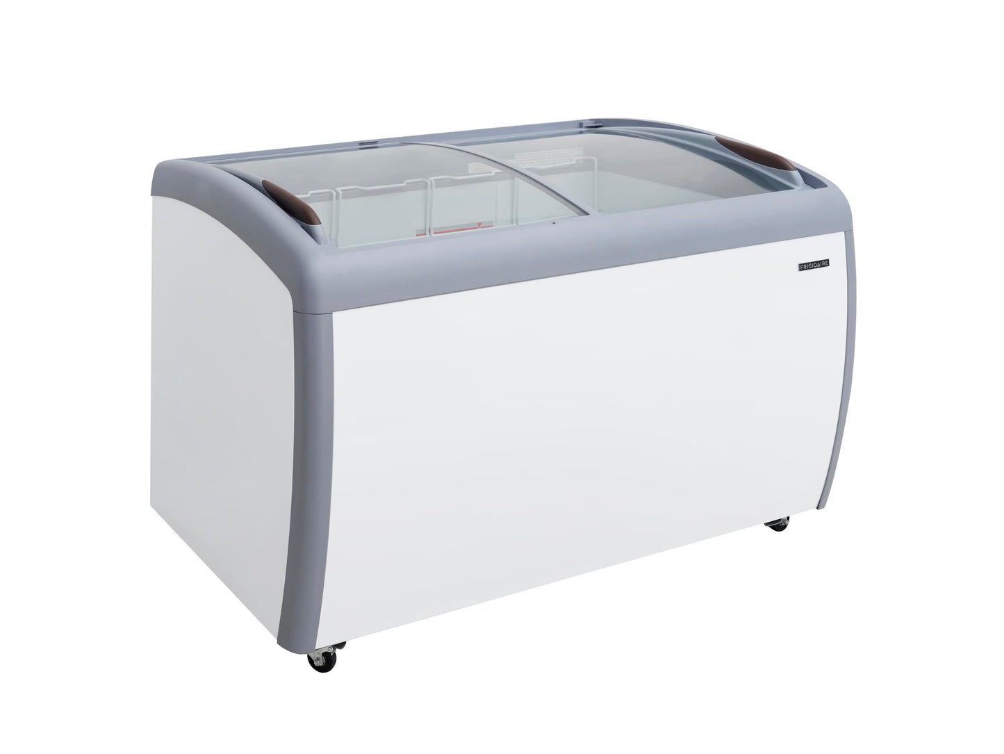 Frigidaire Commercial Chest Freezer for Ice Cream and Frozen Foods, Store Displayer, Glass Top Storage Case, 9 Cu. Ft. Bin, Rolling Caster Wheels, Adjustable Temperature, Energy Efficient Cooling
