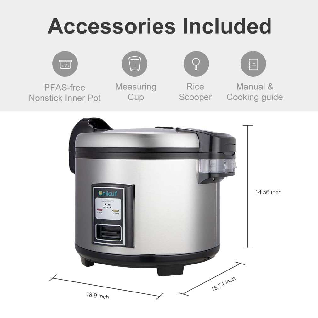 Onlicuf Commercial Rice Cooker 35 Cups Uncooked (70 Cups Cooked) with Stainless Steel Exterior,Large Rice & Grain Cooker for Restaurant,Double Protection,Silver
