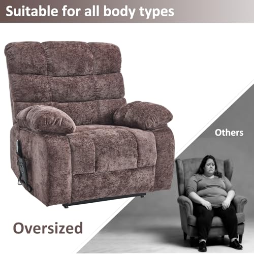 RHHVVR Oversized Power Lift Recliner Chair for Elderly, Dual Motor Lay Flat Recliner Big Chair with Massage and Heating, Chenille Electric Recliner Chairs for Living Room, Medium-Firm, Brown