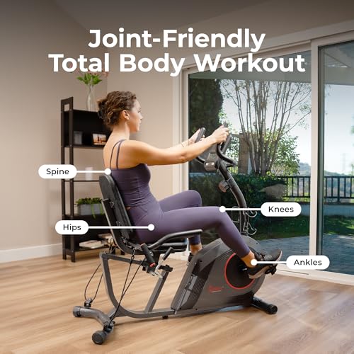 Sunny Health & Fitness Smart Recumbent Bike w/Workout Bands, 300LB Capacity Compact Equipment for Indoor Full-Body Exercise, Adjustable Cushion Seat for Seniors Home Cardio Training, Free SunnyFit App