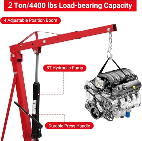 2 Ton Folding Hydraulic Engine Hoist with Load Leveler 4400 LBS Capacity Heavy Duty Cherry Picker 6 Swivel Wheels&Hydraulic Pump Adjustable Boom (0.5T-2T) for Garage Workshop Warehouse Orange