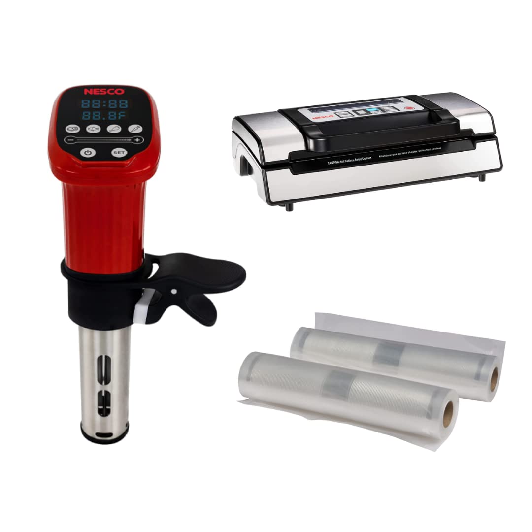 Nesco SVC-1000 Sous Vide Precision Cooker + Deluxe Food VS-12 Vacuum Sealer + 2 Vacuum Sealer Bag Rolls, 8" x 20"