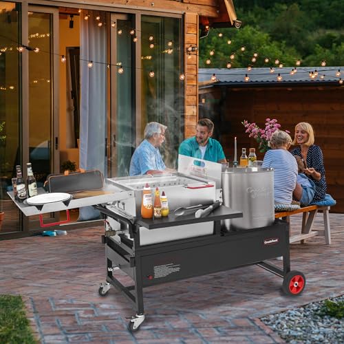 Creole Feast CFT2018-N1 90 Qt Crawfish Boiler and Cooker Combo, 2-Burner Single Sack Propane Gas Seafood Cooker with Stainless Steel Stirring Paddle for Outdoor Backyard Boiling, Silver & Black