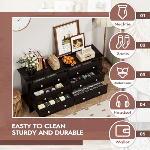YESHOMY Black Dresser for Bedroom with 6 Drawers, 58" Wide Modern Chest of Drawers, Wooden Dresser, Storage Organizer for Living Room, Hallway