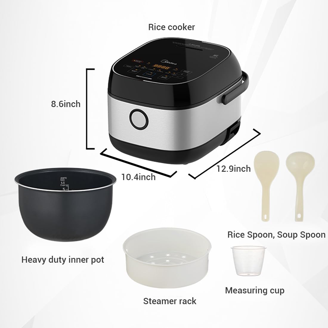 Midea 3L Rice Cooker with Steamer Basket, 6-Cup Uncooked Capacity, Induction Heating & Fuzzy Logic Technology, 24h Delay Start & Keep Warm, Non-Stick Inner Pot