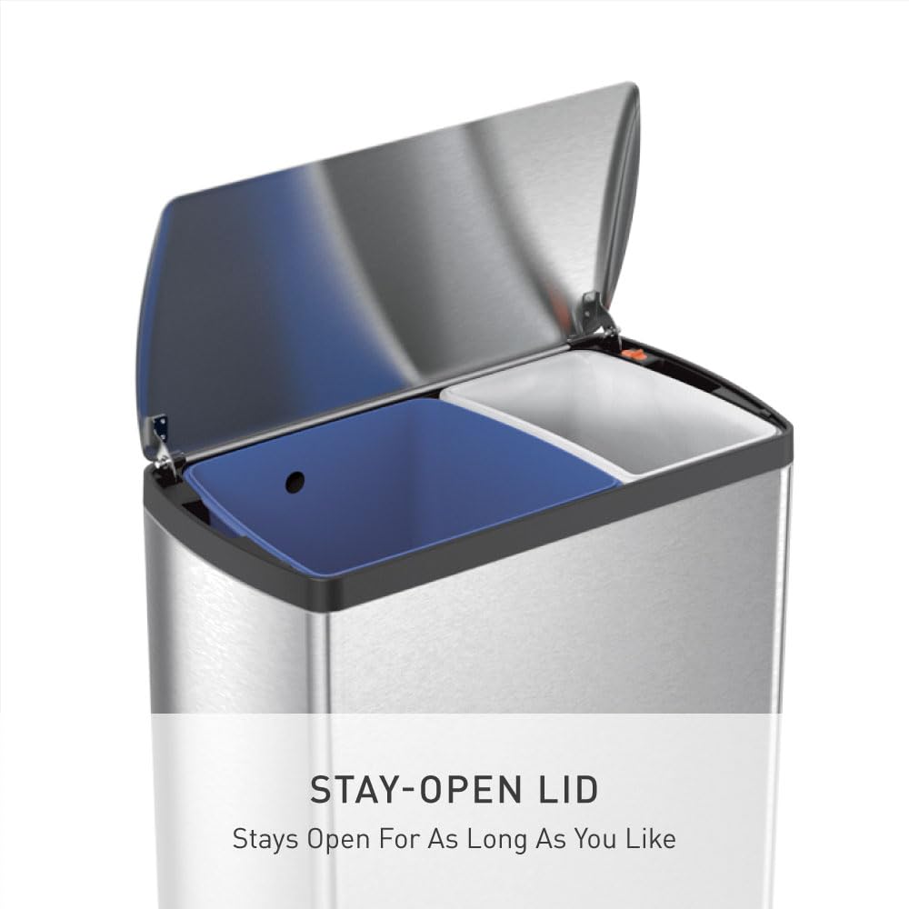simplehuman Rectangular Dual Compartment Recycling Kitchen Step Trash Can, 46 Liter, Brushed Stainless Steel