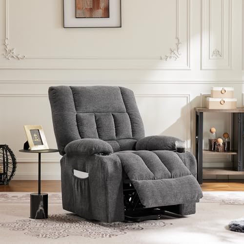 DUMOS Power Lift Recliner Chair with Vibration Massage and Heat for Elderly, Ergonomic Overstuffed Breathable Fabric Reclining Chair with 3 Pockets, Remote Control, Living Room, Bedroom, Grey