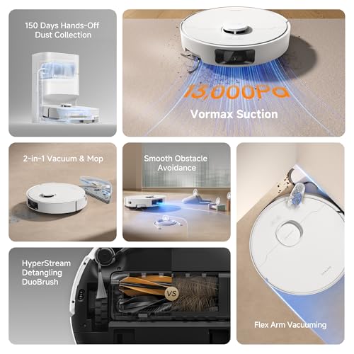 DREAME D20 Pro Plus Robot Vacuum, 13,000Pa Suction, DuoBrush for Pet Hair, Corner Cleaning, Self Emptying, LDS Navigation Laser Avoidance, Vacuum Mop, Hard Floors&Carpets, 5,200mAh Battery White