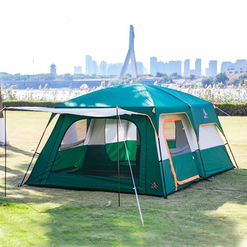 KTT Extra Large Tent 10-12 Person(B),Family Cabin Tents,2 Rooms,3 Doors and 3 Windows with Mesh,Straight Wall,Waterproof,Double Layer,Big Tent for Outdoor,Picnic,Camping,Family Gathering(Green)