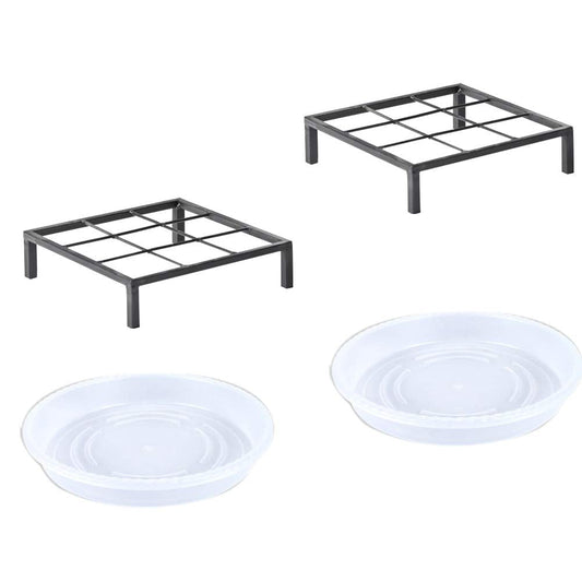 TenFuju 9.8" Metal Heavy Duty Potted Plant Stand Flower Pot Holder with Saucer Indoor Outdoor Rustproof Iron Garden Container Square Supports Rack for Planter ,2 Pack(iron color )