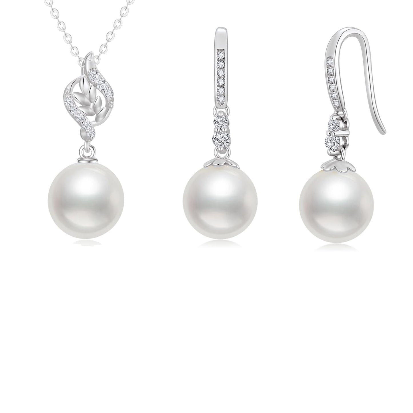 10k White Gold Diamond Pearl Necklace and Earrings Set for Women