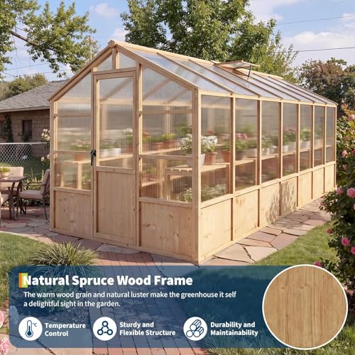 8X14 ft Outdoor Wooden Greenhouse with Lockable Door, Adjustable Roof Vent & Polycarbonate Panels, UV Protection, Large Cedar Wood Walk-in Green House for Garden, Backyard, Patio, Lawn, Light Brown