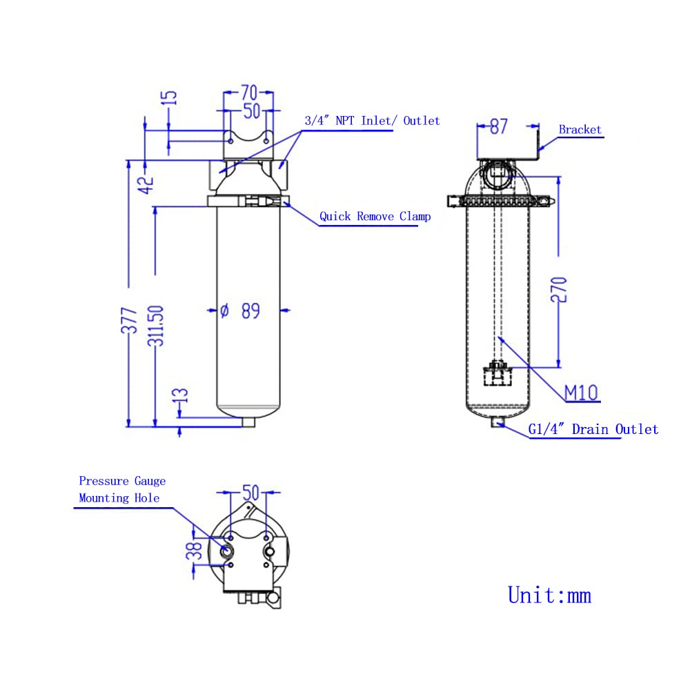 INTBUYING 304 Stainless Steel 10KG High Pressure Water Filter Housing for 10’’L cartridges Filter,3/4in NPT Inlet and Outlet with Bracket and Drain Valve Heavy Duty Water Filter System