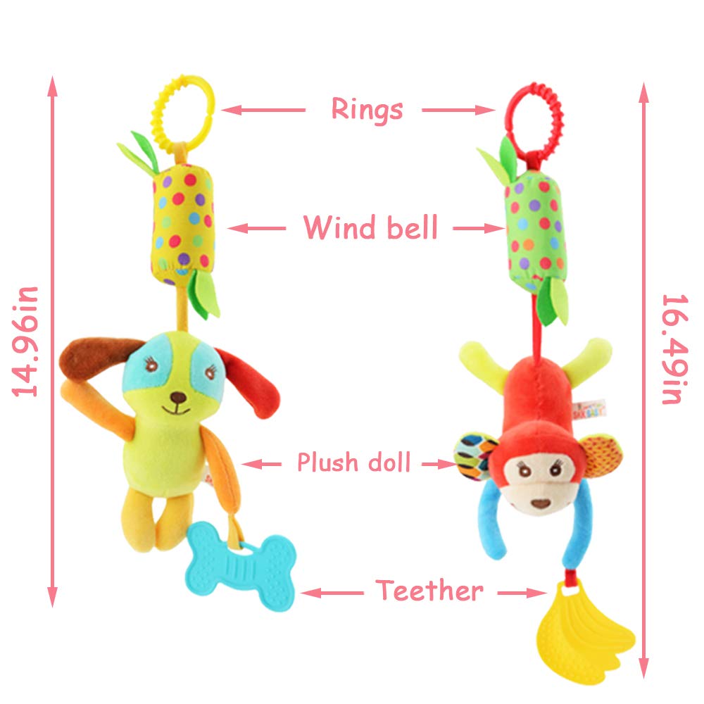Joyshare 4 PCS Baby Soft Hanging Rattle Crinkle Squeaky Toy - Baby Toys for 0 3 6 9 to 1 Animal Ring Plush Stroller Infant Car Bed Crib Travel Activity Hanging Wind Chime with Teether for Boys Present