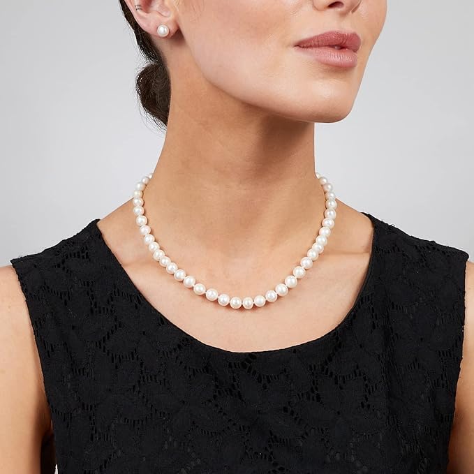 Elegant White Freshwater Pearl Necklace and Earring Set for Women, AA Grade 8-9mm and 7mm Stud Earrings, Elegant Pearl Jewelry Gift Set (22 IN)