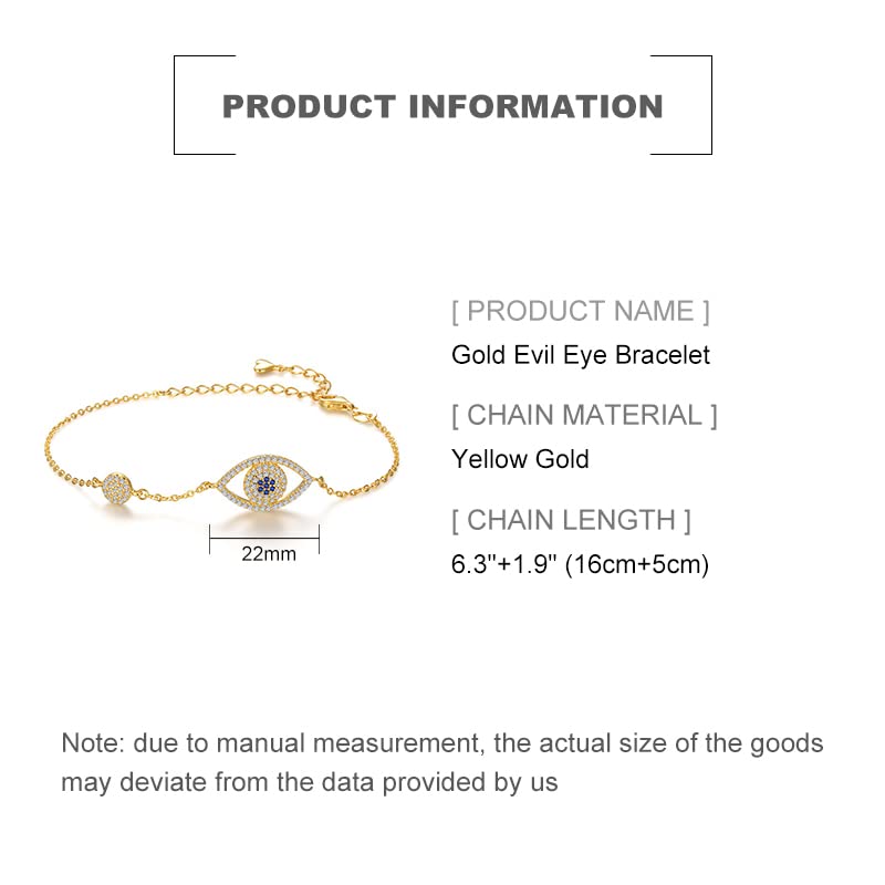 Solid 14K Gold Over 925 Silver Moissanite Evil Eye Bracelet for Women,Dainty Adjustable Evil Eye Charm Chain Bracelet,Fashion Christmas Jewelry Gift for Her (Yellow Gold, 14K Gold)