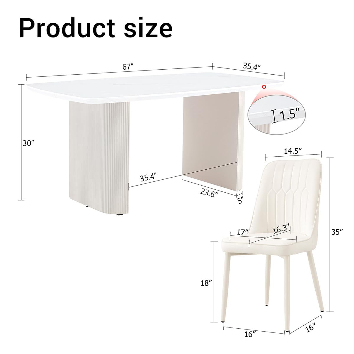 Ebullient 67'' White Dining Table Set for 6, Kitchen Table Chairs Set with Sleek Ripple Pedestal Base, Modern Dining Table Set with 6 Metal Leg Chairs, Ideal for Dining Room, Living Room, Saving Space