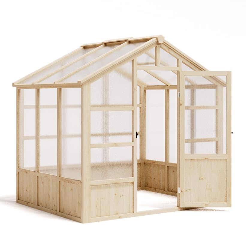 6x8FT Greenhouses for Outdoors, Wooden Greenhouse with Lockable Door, Wood Frame & Adjustable Vent, Polycarbonate Panel Heavy Duty Greenhouse for Outside, Garden, Yard, Light Brown