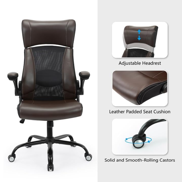 Clearance Executive Office Chair, Ergonomic Leather Desk Chair - Widened Adjustable Headrest with Flip-Up Arms, High Back Computer Swivel Task Chair with Lumbar Support, Brown